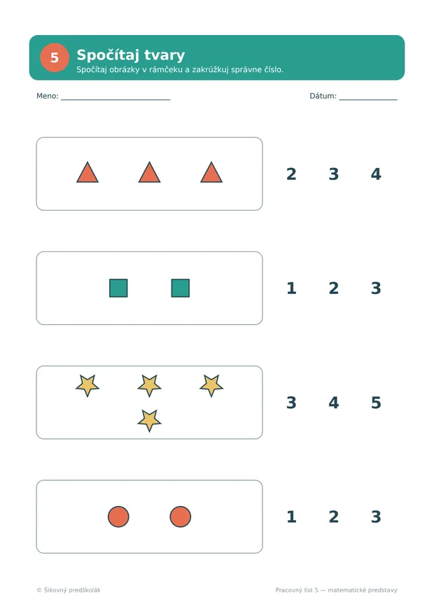 Pracovný list matematických predstáv — spočítaj tvary a zakrúžkuj číslo